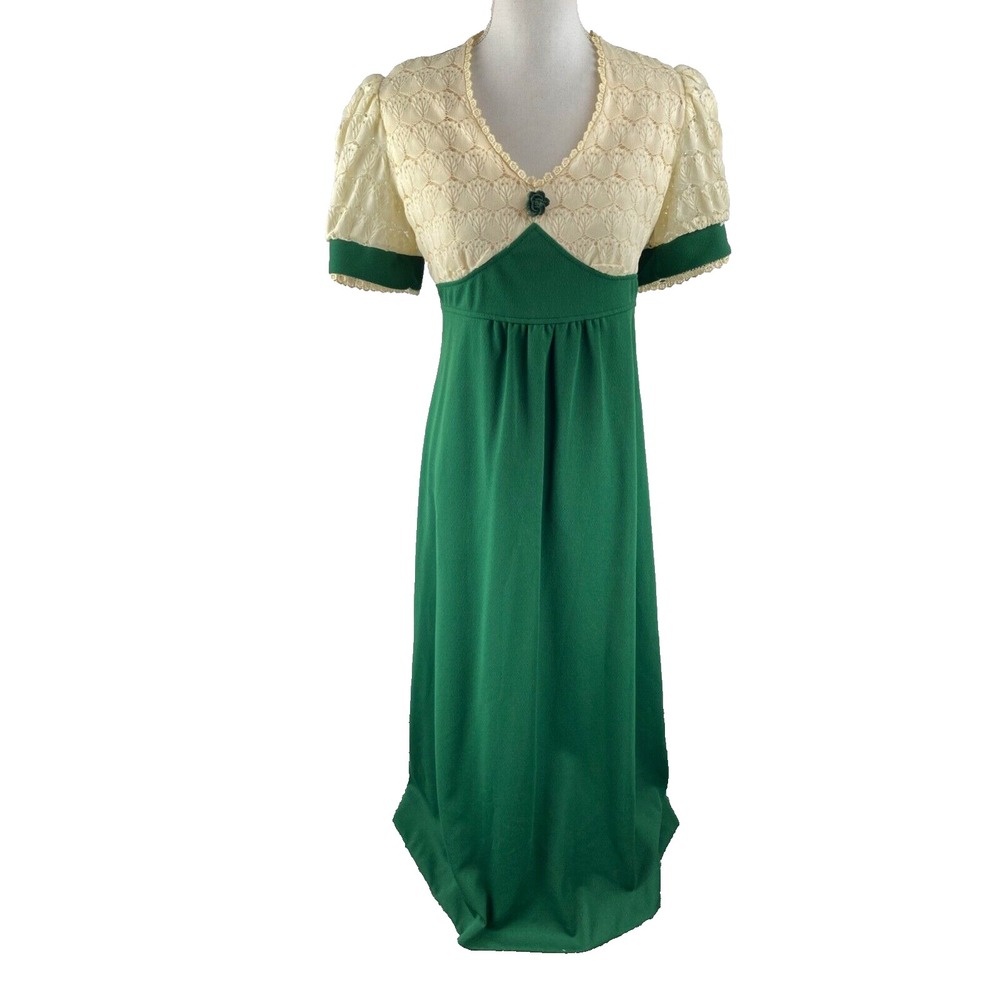Vtg 60s 70s Crochet Lace Prairie Maxi Dress 13 Cottagecore Pendant Pleated Union